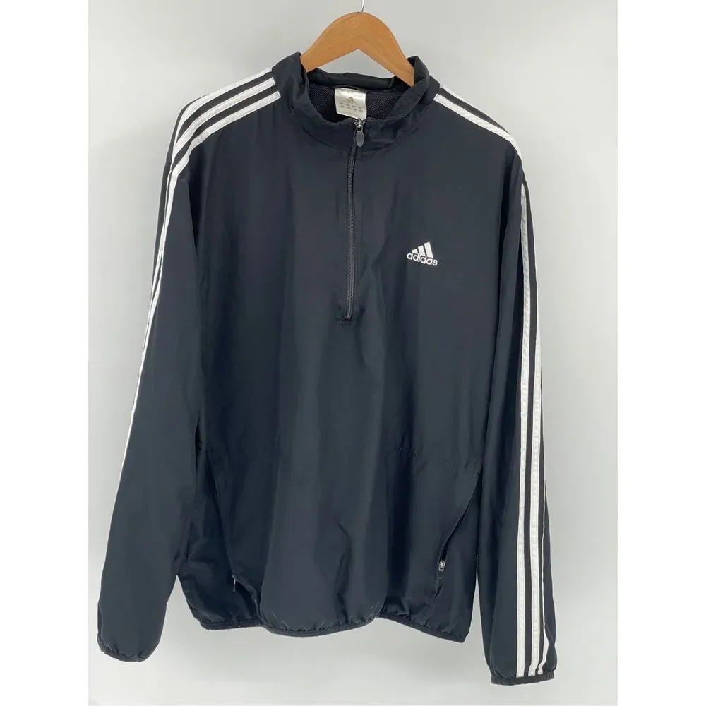 Adidas Track Jacket Windbreaker Men XL Black 3 Stripe Full Zip Mesh Lined‎
